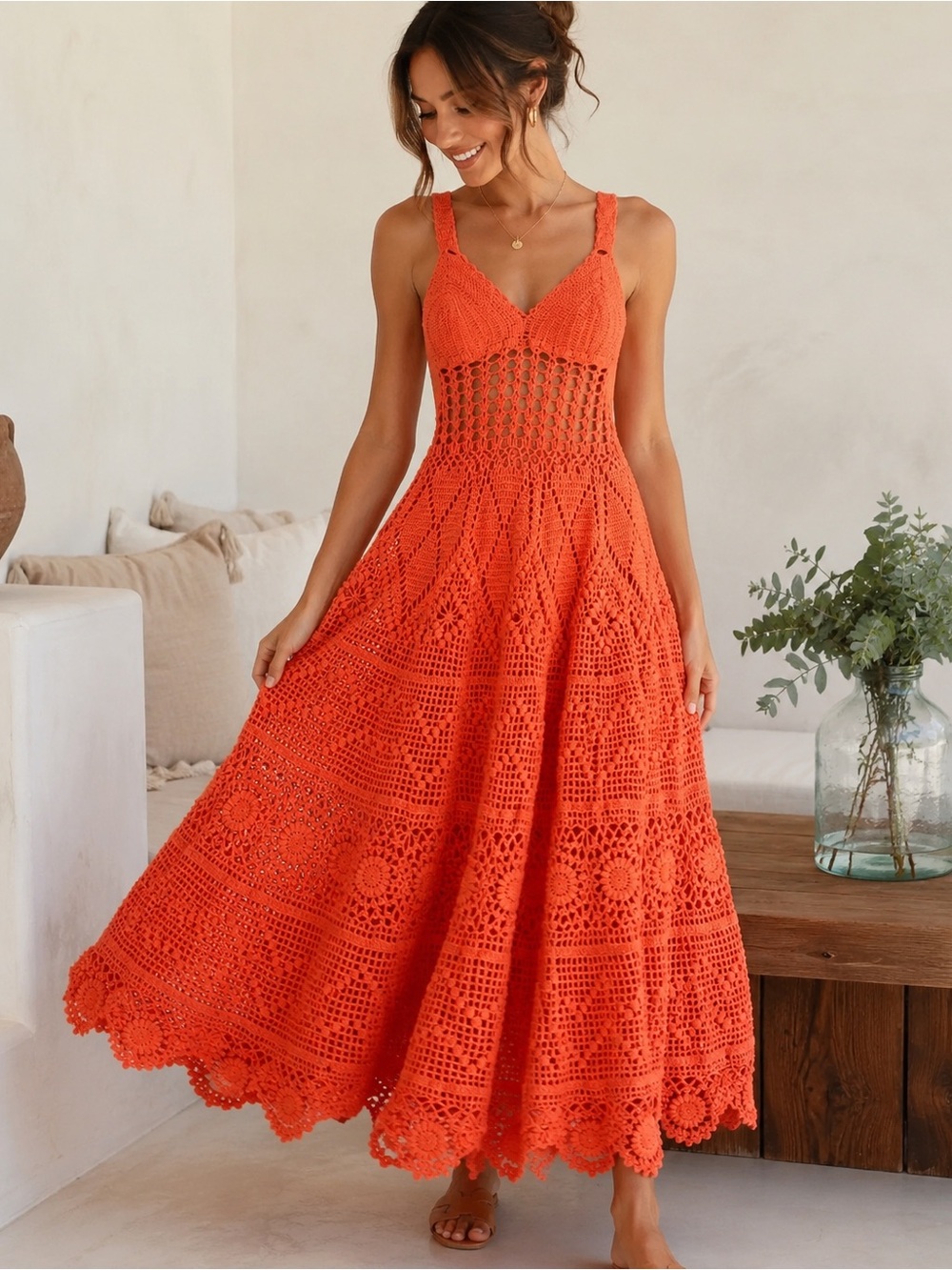 Alix Pinho Coral Hand Crochet Maxi Dress | Open Knit Resort Dress Boho Luxury XS